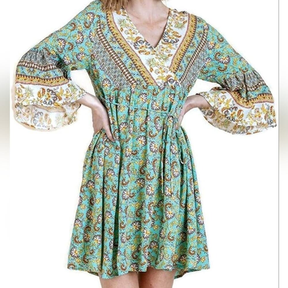 Umgee multi print boho bell sleeve dress S NWT